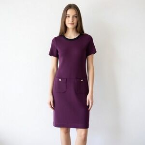 Tory Burch Luxury Plum Wool Blend Knit Shift Sheath Modest Minimalist Dress M